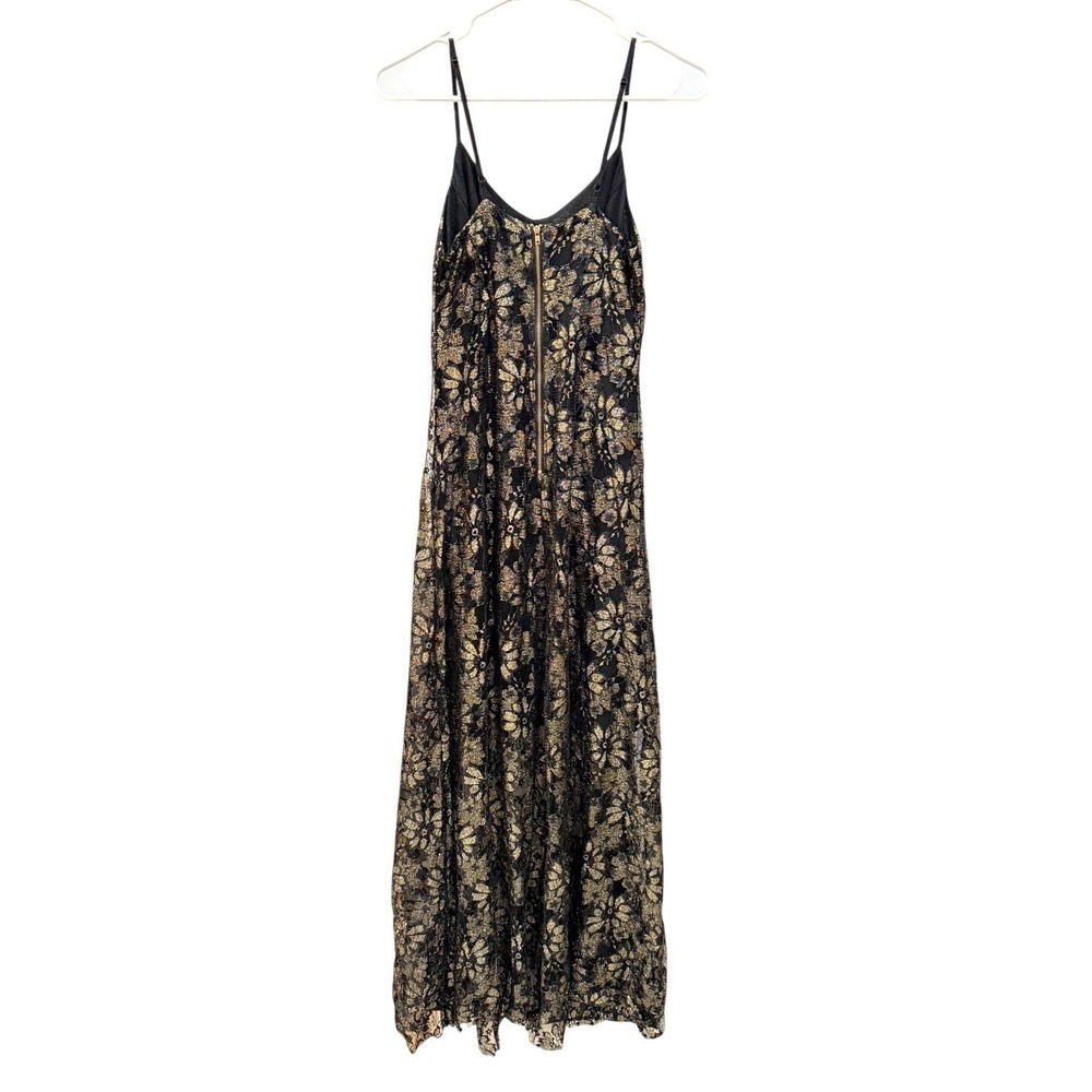 Altar'd State Womens Black Metallic Gold Floral Lace Maxi Dress S Evening Formal